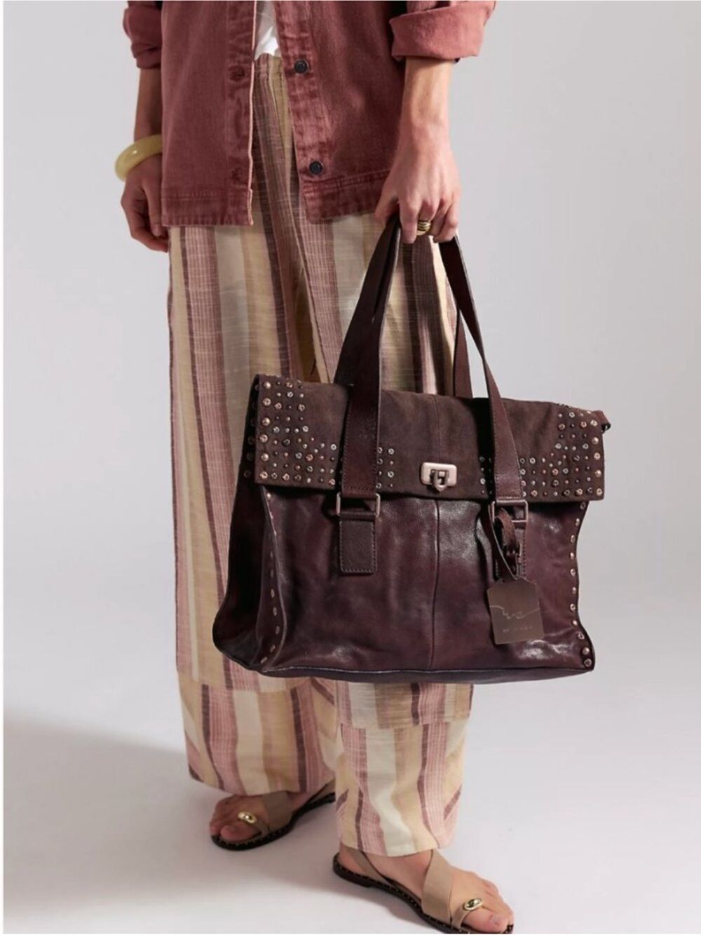 Free People Shay Tote Espresso Brown Studded Leather Satchel - Picture 4 of 10